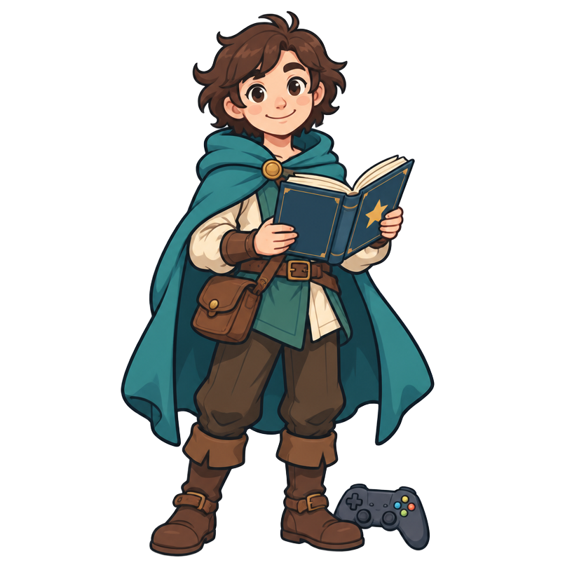 Fantasy adventurer with a storybook and game controller